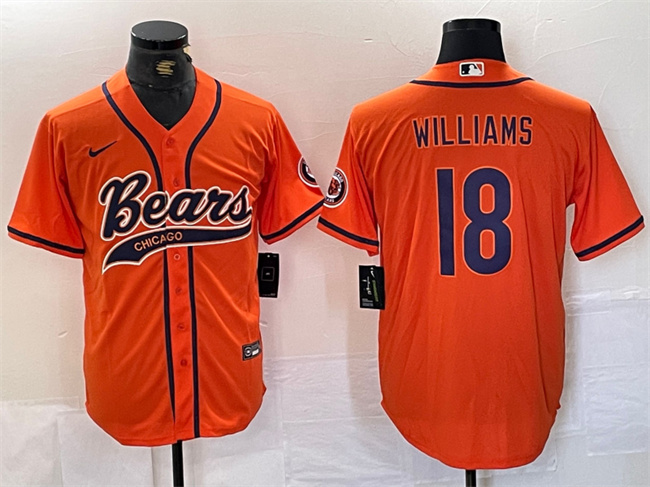 Men's Chicago Bears #18 Caleb Williams Orange With Patch Cool Base Stitched Baseball Jersey Men's Chicago Bears #18 Caleb Williams Orange With Patch Cool Base Stitched Baseball Jersey